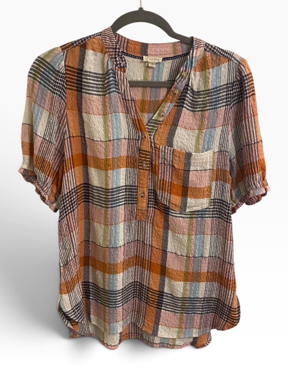 PILCRO ANTHROPOLOGIE PLAID GAUZY HENLEY V-NECK TOP BROWN & ORANGE SIZE SMALL EUC